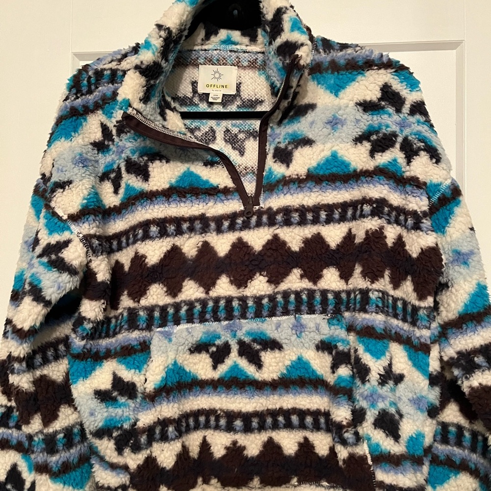 Aerie Women's Zip Up Sweater - Blue, Brown, Cream